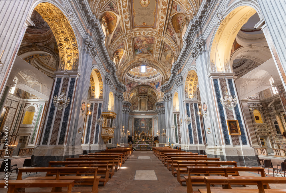 NAPLES, ITALY - APRIL 20, 2023: The nave of baroque church Basilica di Santa Maria degli Angeli a Pizzofalcone.
