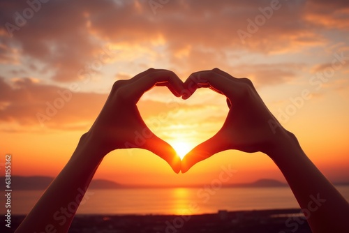 Hands forming a heart shape against the backdrop of a sunset by the sea