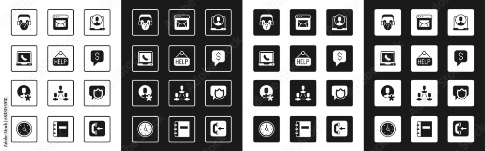 Set Telephone 24 hours support, Signboard with text Help, Headphones question, Paid, Mail and e-mail, Speech bubble chat and Elected employee icon. Vector Set Telephone 24 hours support, Signboard with text Help, Headphones question, Paid, Mail and e-mail, Speech bubble chat and Elected employee icon. Vector