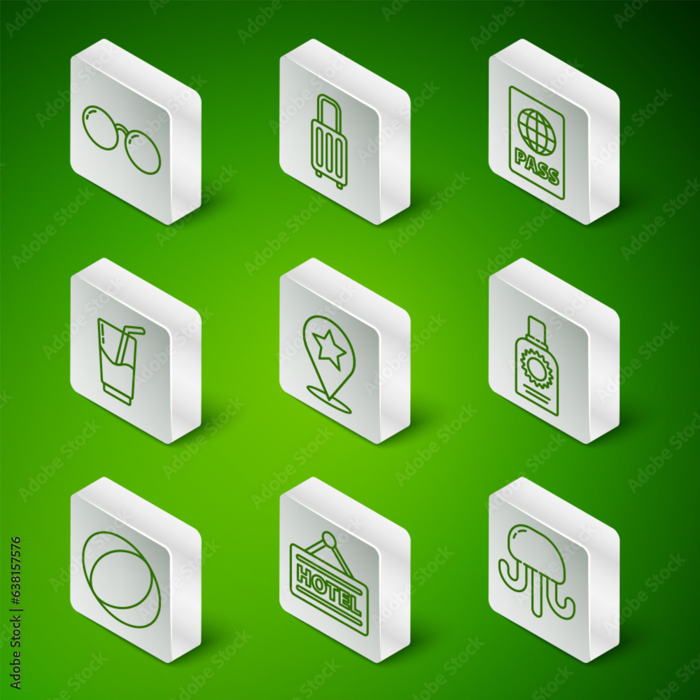 Set line Jellyfish, Signboard with text Hotel, Glasses, Map pointer star, Cocktail and alcohol drink, Suitcase, Beach ball and Sunscreen spray bottle icon. Vector Set line Jellyfish, Signboard with text Hotel, Glasses, Map pointer star, Cocktail and alcohol drink, Suitcase, Beach ball and Sunscreen spray bottle icon. Vector