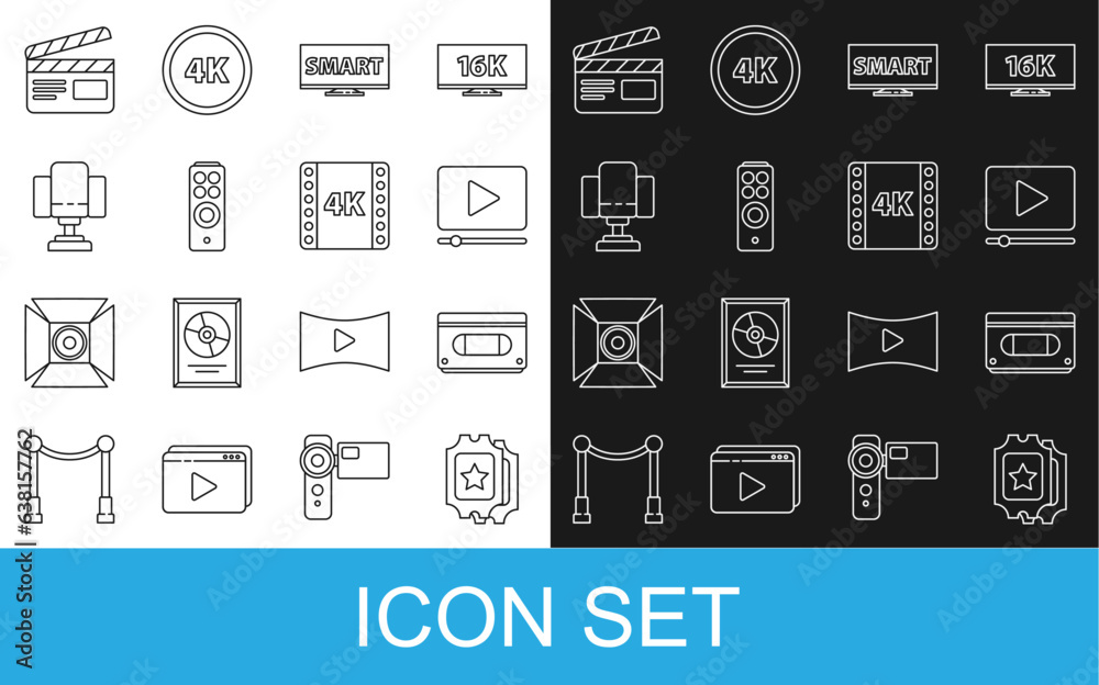 Set line Cinema ticket, VHS video cassette tape, Online play, Screen tv with Smart, Remote control, Director movie chair, Movie clapper and 4k movie, frame icon. Vector