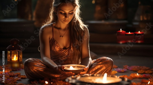 beautiful young woman meditation with many candles sit on medieval room at floor,burning candle female