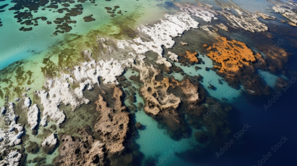 extensive coral bleaching, illustrating the devastating effects of water pollution and warming sea temperatures generative ai
