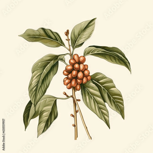 Coffee beans and leaves on a white background