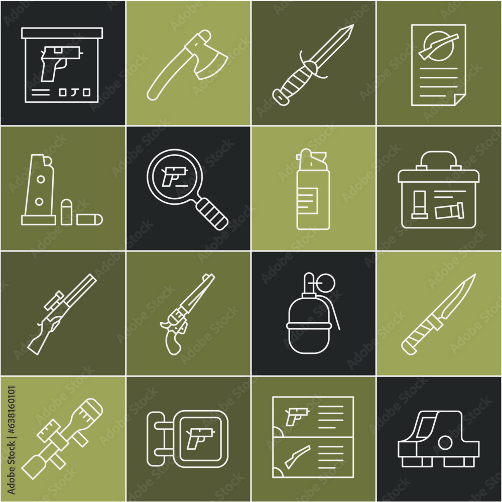 Set line Collimator sight, Military knife, ammunition box, Pistol gun search, Gun magazine and bullets, and Weapons oil bottle icon. Vector Set line Collimator sight, Military knife, ammunition box, Pistol gun search, Gun magazine and bullets, and Weapons oil bottle icon. Vector