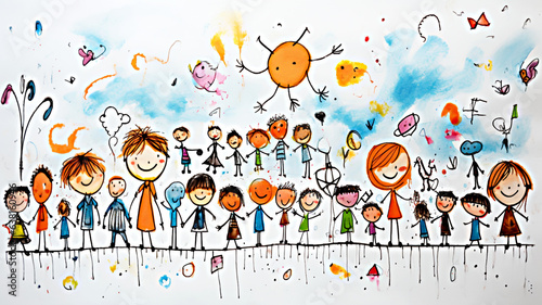 illustration of children's drawing of friendship. Many children spend time together holding hands. kindergarten advertisement.