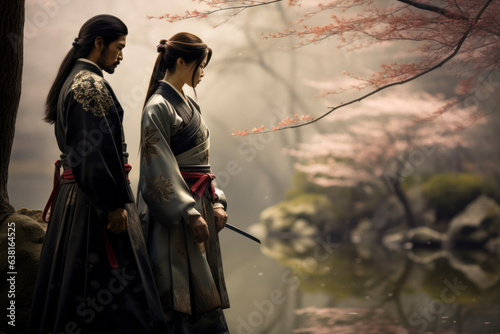Japanese Samurai Couple in Garden photo