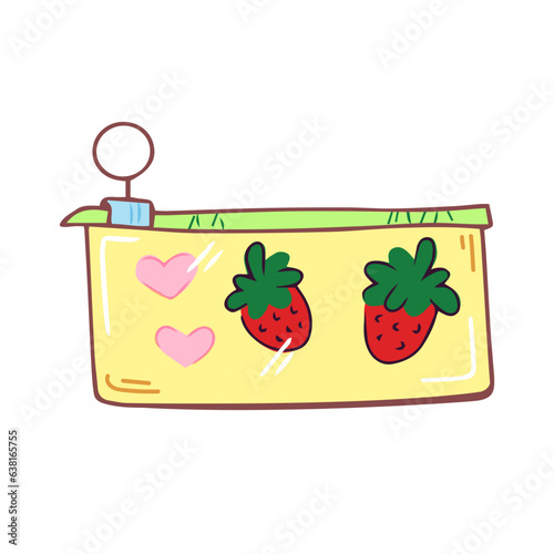 Cute school pencil case with strawberries. Hand drawn stationery supplies doodle. Vector design illustration isolated on white background.