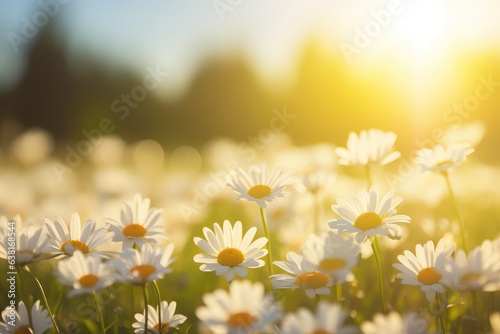 Sun lit spring meadow with many daisy flowers blooming