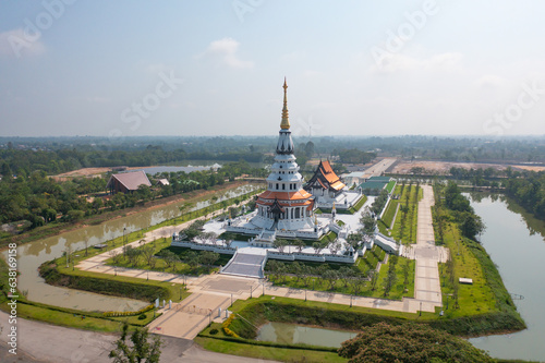 Cuadro en lienzo Aerial top view of Wat Pa Ban Tad, The Isan pagoda is a buddhist temple Udon Thani, an urban city town, Thailand