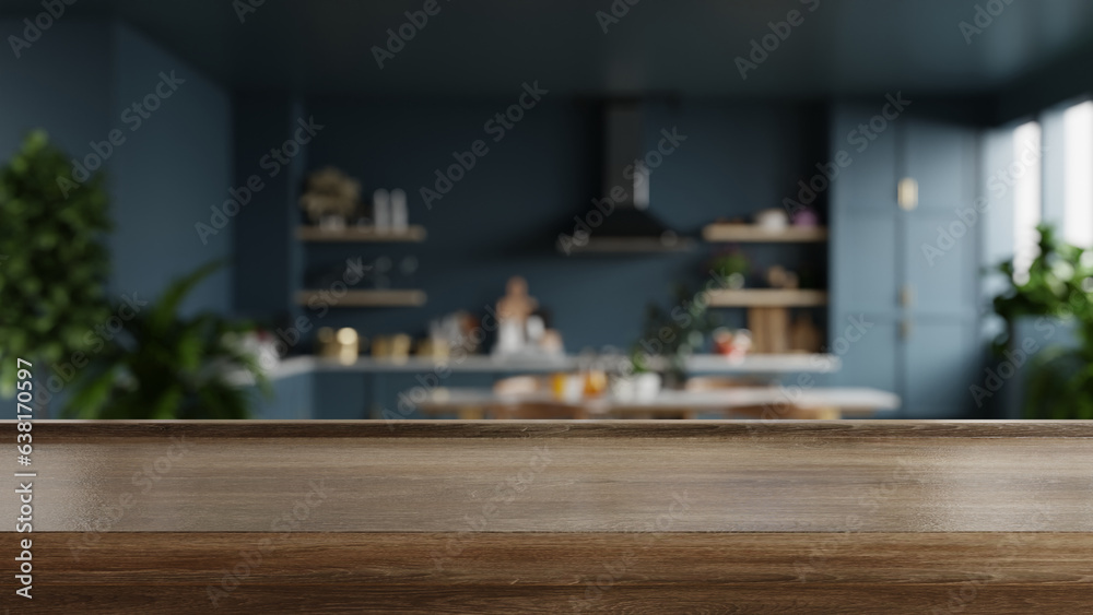 Obraz premium Wooden table top on blur kitchen room background,Modern kitchen room interior.