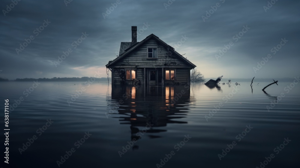 Fototapeta premium house submerged in floodwater, a stark reminder of climate change impacts generative ai