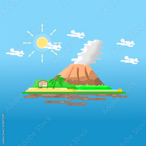 Set of modern flath design tropical volcano floating island, Illustrations of beautiful scenes.