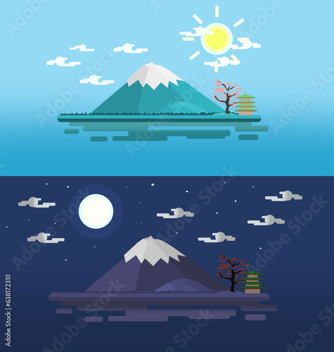 Set of modern flath design mount fuji floating island, Illustrations of beautiful scenes.