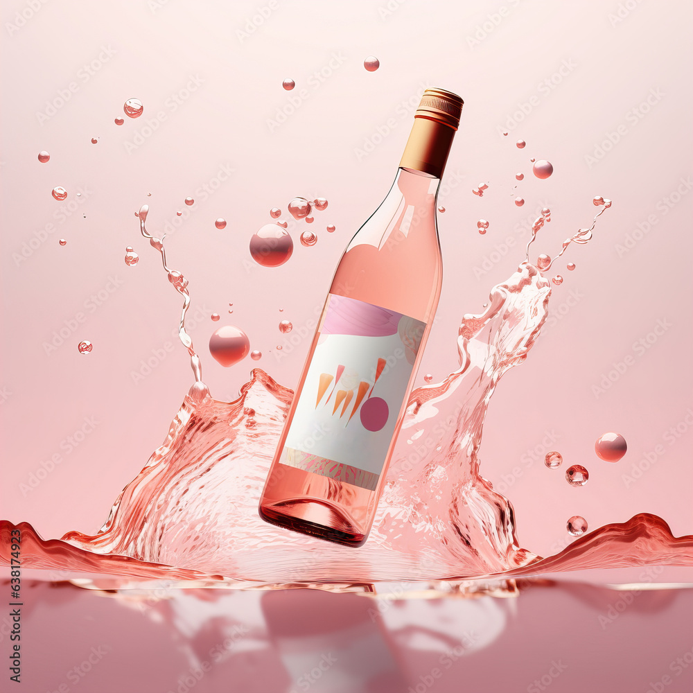 Bottle of rose wine floating in liquid splash. Wine bottle mockup with