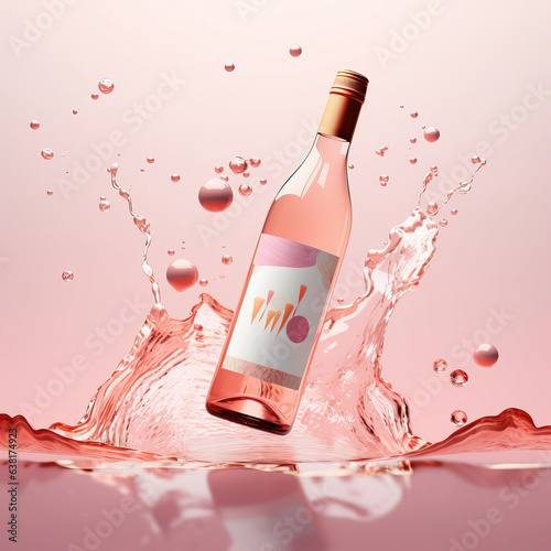 Bottle of rose wine floating in liquid splash. Wine bottle mockup with blank white label, commercial rose wine label template