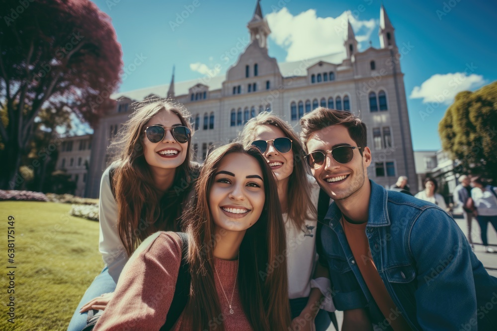 Cheerful Multicultural Students Posing Together Making Selfie Near University Building Outdoors. College Education Concept