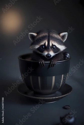 lovely miniature raccoon in coffee cup