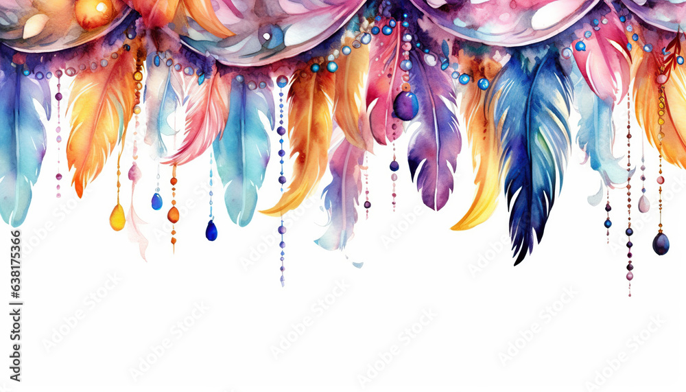 tassel garlands feathers watercolor - obrazy, fototapety, plakaty 
