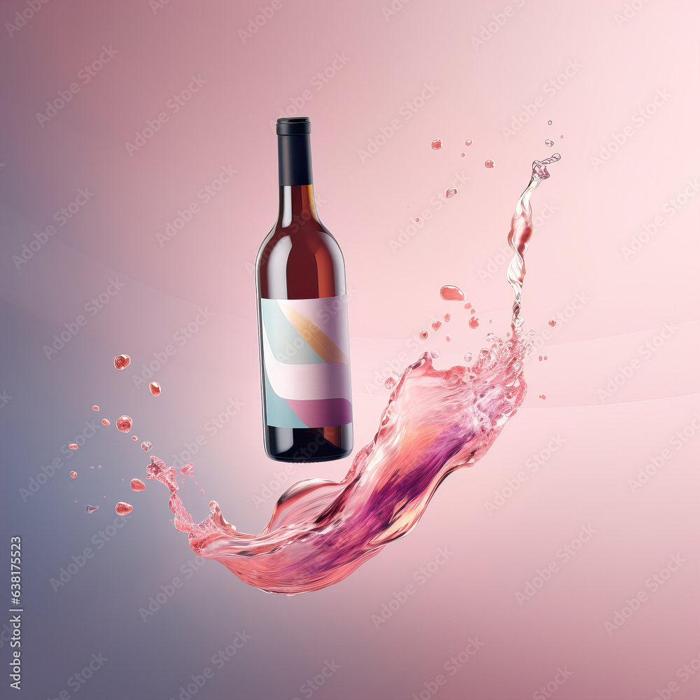Fototapeta premium Bottle of rose wine floating in liquid splash. Wine bottle mockup with blank white label, commercial rose wine label template
