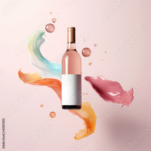 Bottle of rose wine floating in liquid splash. Wine bottle mockup with blank white label, commercial rose wine label template