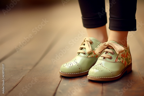 beautiful turquoise shoes in retro style shod on the child s feet. Stylish look for a photo shoot. Comfortable shoes.