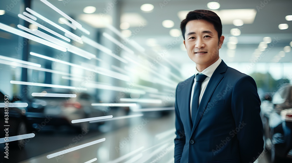 Fototapeta premium 미래지향적인 백색 라이트와 자동차 전시 매장을 배경으로 서 있는 유능하고 신뢰감 넘치는 한국인 자동차 세일즈맨