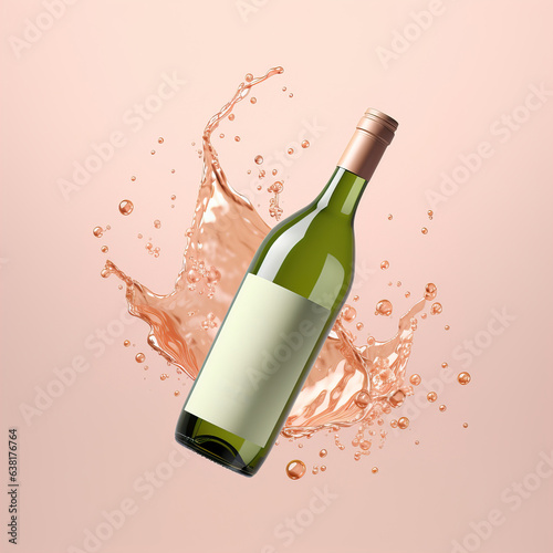 Bottle of white wine floating in liquid splash. Wine bottle mockup with blank white label, commercial wine label template