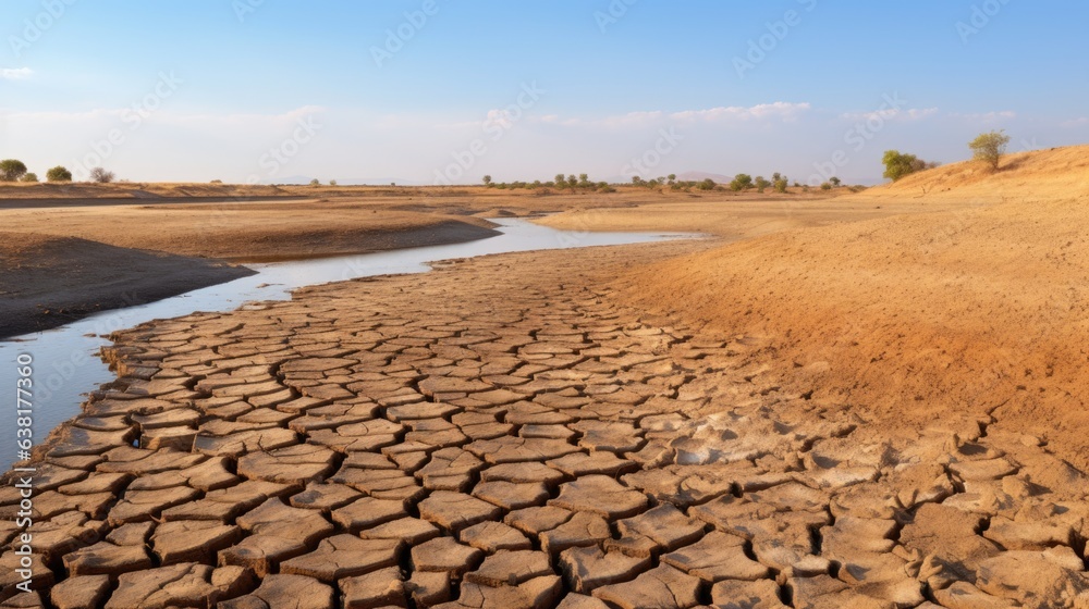 Fototapeta premium parched riverbed due to excessive water extraction, a manifestation of water scarcity and pollution generative ai