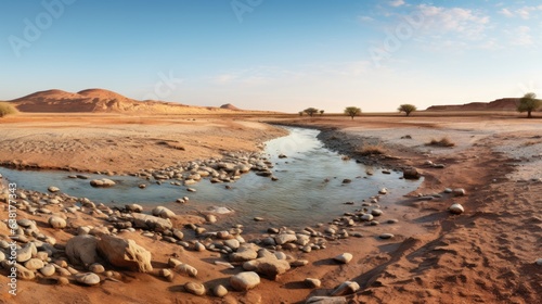 parched riverbed due to excessive water extraction  a manifestation of water scarcity and pollution generative ai