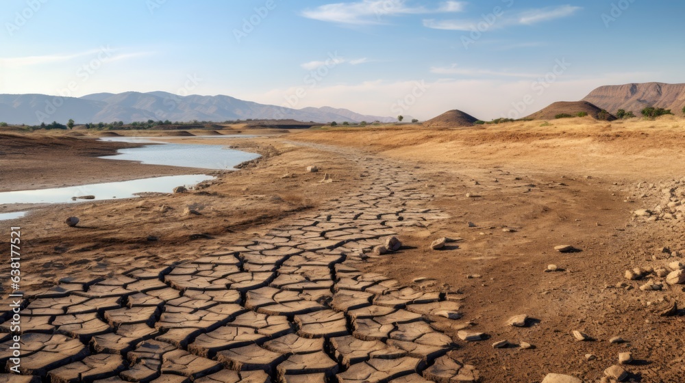 parched riverbed due to excessive water extraction, a manifestation of water scarcity and pollution generative ai