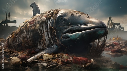 whale washed ashore with a stomach full of plastic waste, a strong statement about ocean pollution generative ai photo