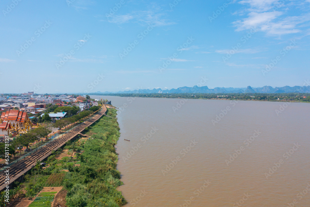 Aerial view of Mekong River with green mountain hill. Nature landscape background in Ubon Ratchathani, Thailand and Laos.