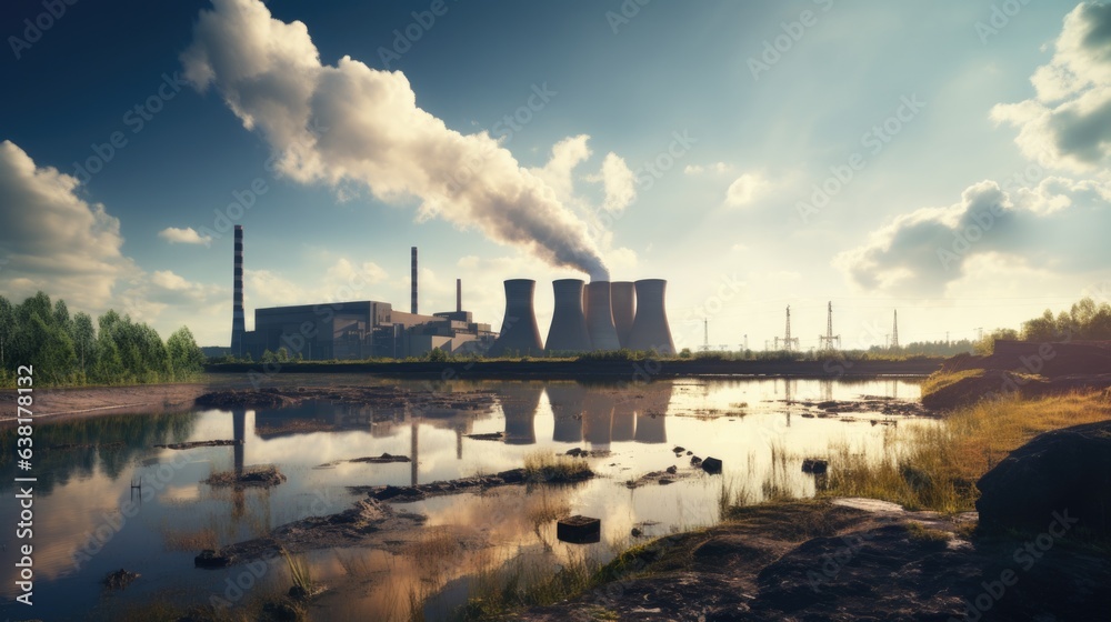 Fototapeta premium power plant on a riverbank, representing the impact of industrial activities on water bodies generative ai