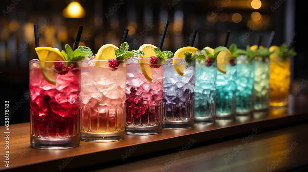 Alkoholische Cocktails auf dem Bartresen in einer Nachtclub-Bar.