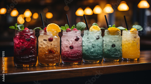 Alkoholische Cocktails auf dem Bartresen in einer Nachtclub-Bar.