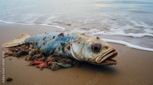 fish affected by water pollution, washed ashore generative ai