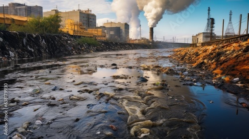 river flowing with industrial waste, a stark image of water pollution generative ai