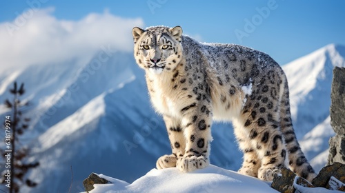 snow leopard in a dwindling snowy habitat  signifying the impacts of climate change on animal life generative ai