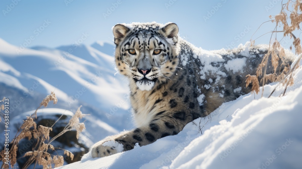 Obraz premium snow leopard in a dwindling snowy habitat, signifying the impacts of climate change on animal life generative ai