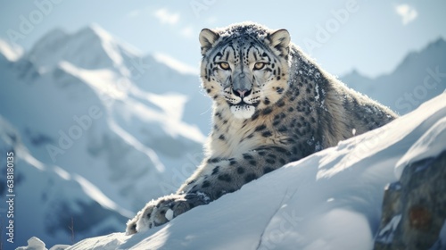 snow leopard in a dwindling snowy habitat, signifying the impacts of climate change on animal life generative ai