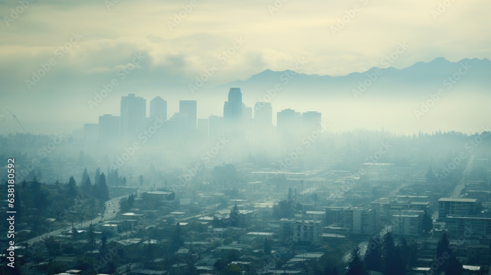 Fototapeta premium city shrouded in haze, indicating severe air pollution generative ai