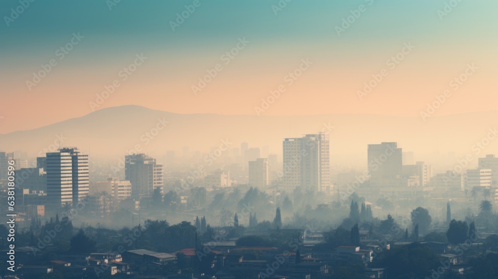 Fototapeta premium cityscape with a dense layer of smog, indicating severe air pollution generative ai