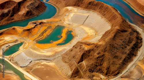 Panoramic view of a copper mine with ore piles and multicolored pools