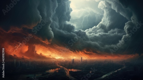 storm brewing over a city, a portrayal of extreme weather conditions due to climate change generative ai