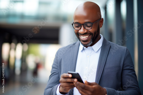 African Senior Businessman in a Modern Urban Setting: A mature, smiling, and tech-savvy black man walking in the city, confidently using his smartphone for work-related tasks and staying connected