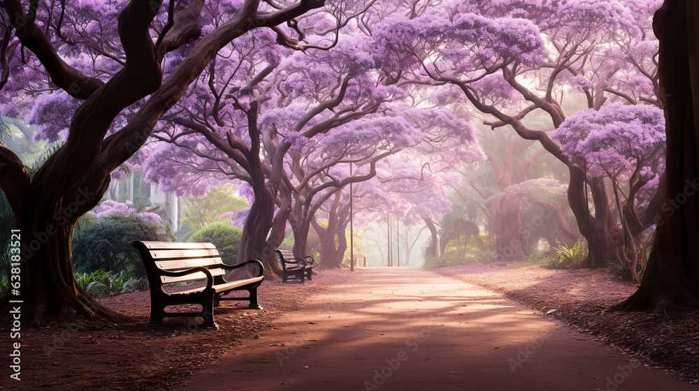 Graceful jacarandas bloom in the park, painting the landscape with their lush lavender blossoms. A serene and charming environment for couples.