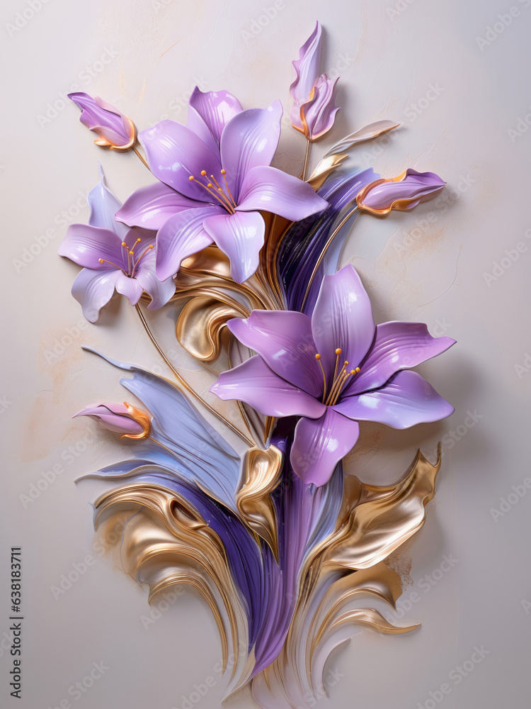 Oil painting impasto of purple and gold lily flowers bouquet. Flowers ...