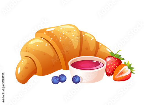Delicious dessert with croissant, berries, and jam