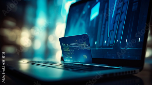 Hands of anonymous hacker holding credit card and using laptop computer. Cyber criminal. Cybersecurity concept